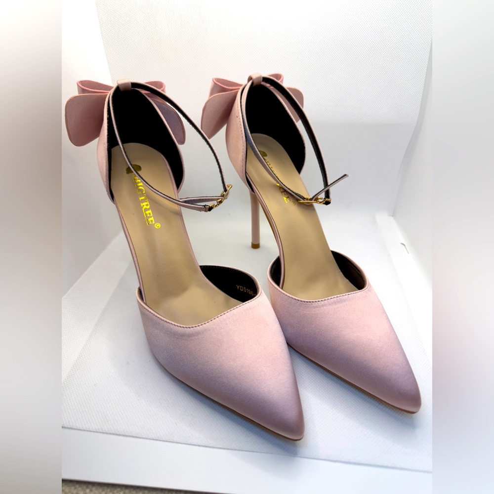 Women's Pointed Toe Ankle Strap Bow Stiletto High Heel Satin Wedding Dress Pumps
